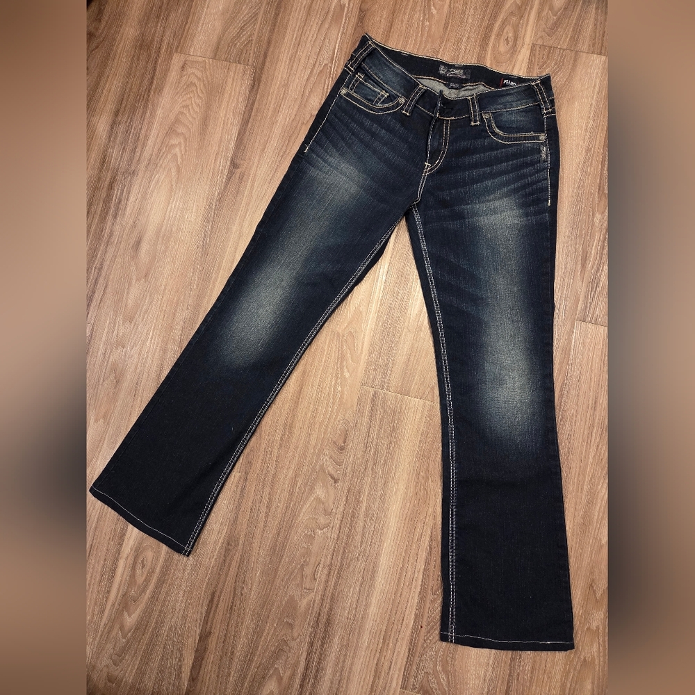 Silver Dark Wash Fluid Denim Suki Mid Slim Boot Cut Jeans